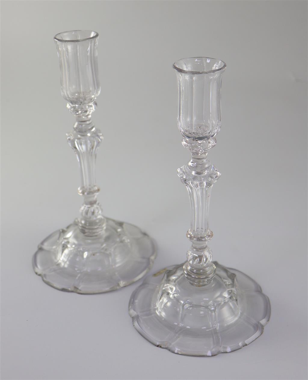 A fine pair of George II Silesian stem glass candlesticks, c.1740, 24.5cm high